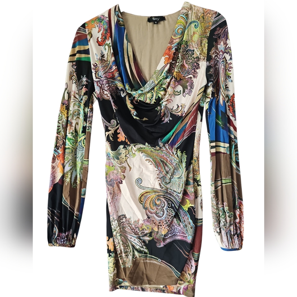 SKY Brand‎ Size S Women's Long Sleeve Paisley Print Cowl Neck Stretch Mini Dress